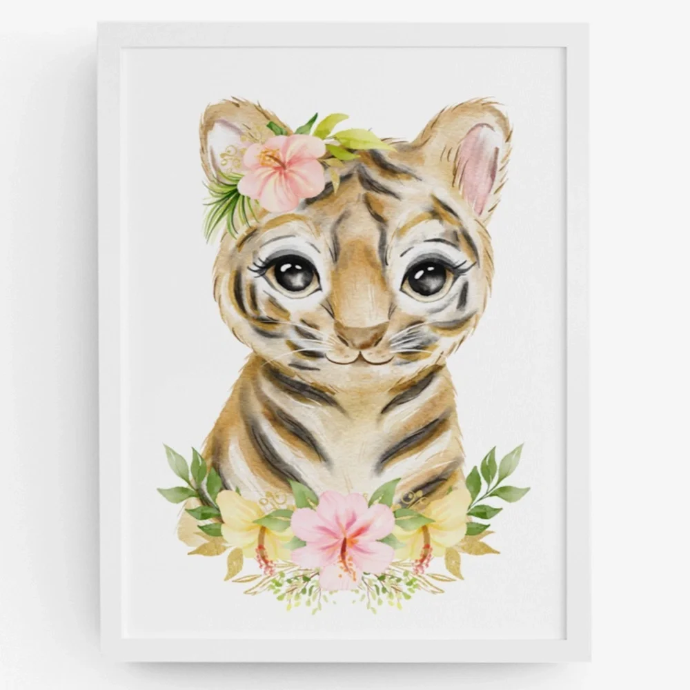Cute Watercolor Floral Tiger Wall Art Print Poster Unframed - Picture 9 of 9